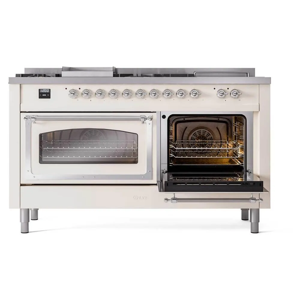 Ilve UN60FSNMPAWCLP Ilve Un60Fsnmpawclp Nostalgie Ii Noblesse 60" Dual Fuel Range (7 Sealed Burners   Griddle   French Top, Liquid Propane, Triple Glass Door, Antique White, Chrome)