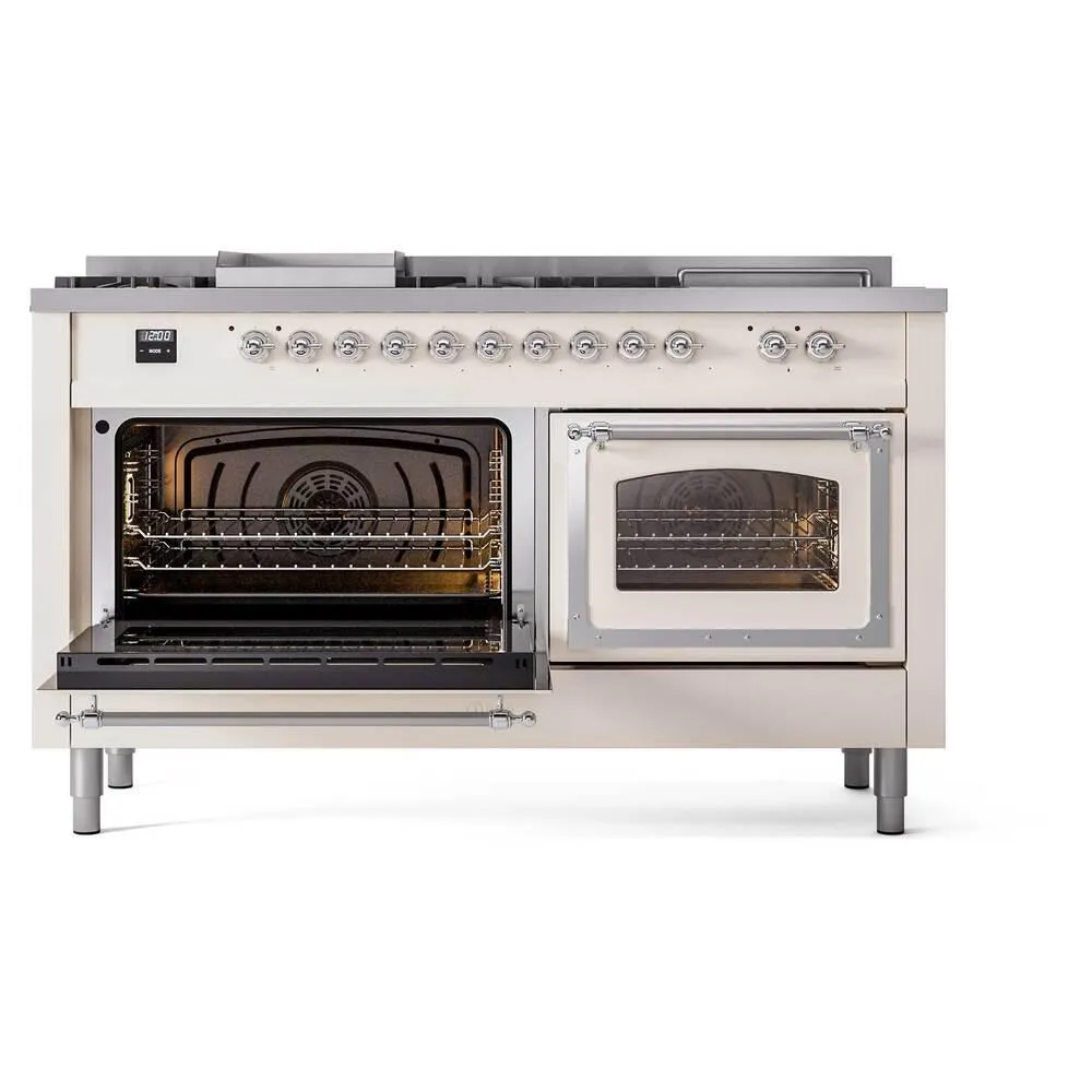 Ilve UN60FSNMPAWCLP Ilve Un60Fsnmpawclp Nostalgie Ii Noblesse 60" Dual Fuel Range (7 Sealed Burners   Griddle   French Top, Liquid Propane, Triple Glass Door, Antique White, Chrome)