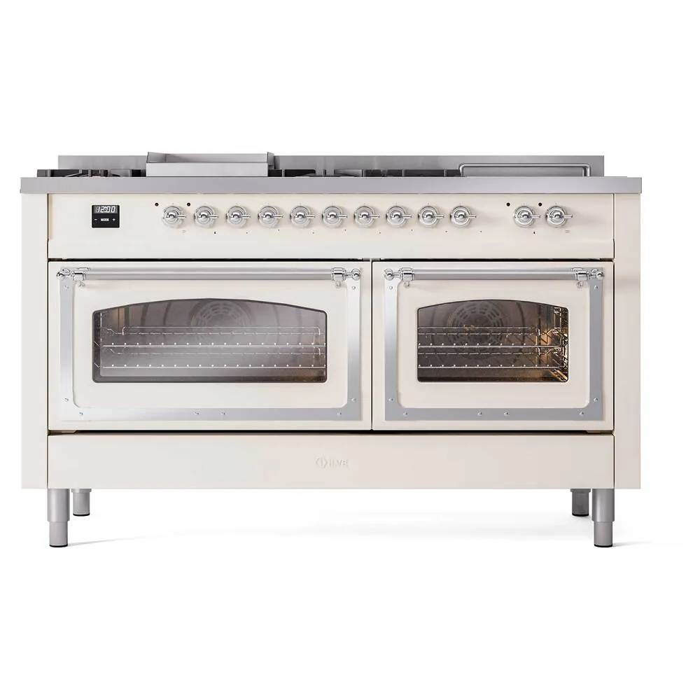 Ilve UN60FSNMPAWCLP Ilve Un60Fsnmpawclp Nostalgie Ii Noblesse 60" Dual Fuel Range (7 Sealed Burners   Griddle   French Top, Liquid Propane, Triple Glass Door, Antique White, Chrome)