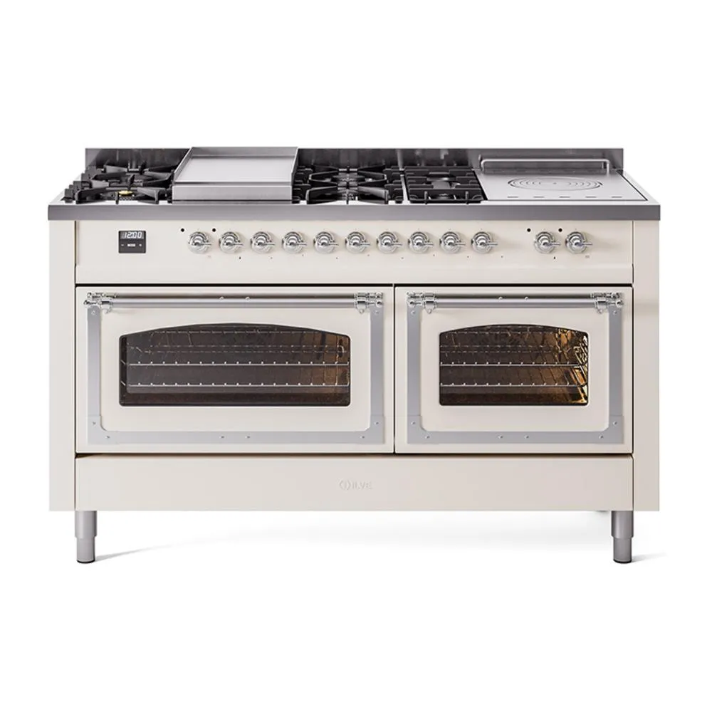 Ilve UN60FSNMPAWCLP Ilve Un60Fsnmpawclp Nostalgie Ii Noblesse 60" Dual Fuel Range (7 Sealed Burners   Griddle   French Top, Liquid Propane, Triple Glass Door, Antique White, Chrome) Professional Ranges dual fuel professional range 36 inch