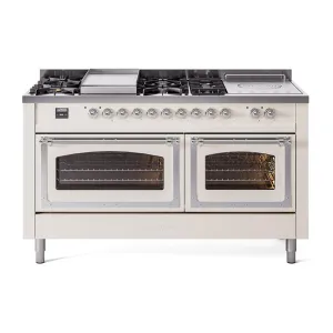 Ilve UN60FSNMPAWCLP Ilve Un60Fsnmpawclp Nostalgie Ii Noblesse 60" Dual Fuel Range (7 Sealed Burners   Griddle   French Top, Liquid Propane, Triple Glass Door, Antique White, Chrome) Professional Ranges dual fuel professional range 36 inch