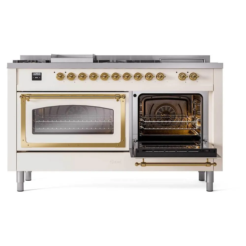 Ilve UN60FSNMPAWG Ilve Un60Fsnmpawg Nostalgie Ii Noblesse 60" Dual Fuel Range (7 Sealed Burners   Griddle   French Top, Natural Gas, Triple Glass Door, Antique White, Brass)