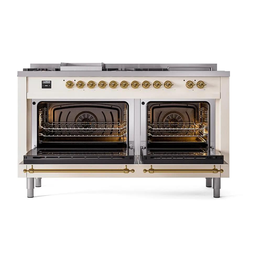 Ilve UN60FSNMPAWG Ilve Un60Fsnmpawg Nostalgie Ii Noblesse 60" Dual Fuel Range (7 Sealed Burners   Griddle   French Top, Natural Gas, Triple Glass Door, Antique White, Brass)