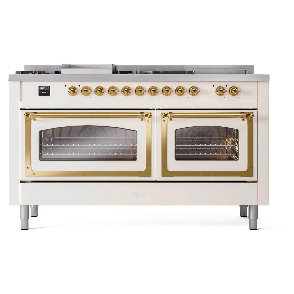 Ilve UN60FSNMPAWG Ilve Un60Fsnmpawg Nostalgie Ii Noblesse 60" Dual Fuel Range (7 Sealed Burners   Griddle   French Top, Natural Gas, Triple Glass Door, Antique White, Brass)