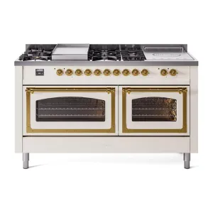 Ilve UN60FSNMPAWG Ilve Un60Fsnmpawg Nostalgie Ii Noblesse 60" Dual Fuel Range (7 Sealed Burners   Griddle   French Top, Natural Gas, Triple Glass Door, Antique White, Brass) Professional Ranges dual fuel professional range 36 inch