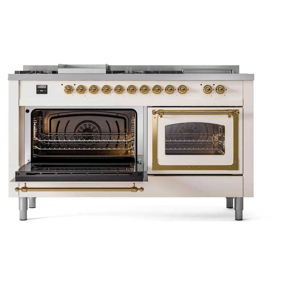 Ilve UN60FSNMPAWG Ilve Un60Fsnmpawg Nostalgie Ii Noblesse 60" Dual Fuel Range (7 Sealed Burners   Griddle   French Top, Natural Gas, Triple Glass Door, Antique White, Brass)