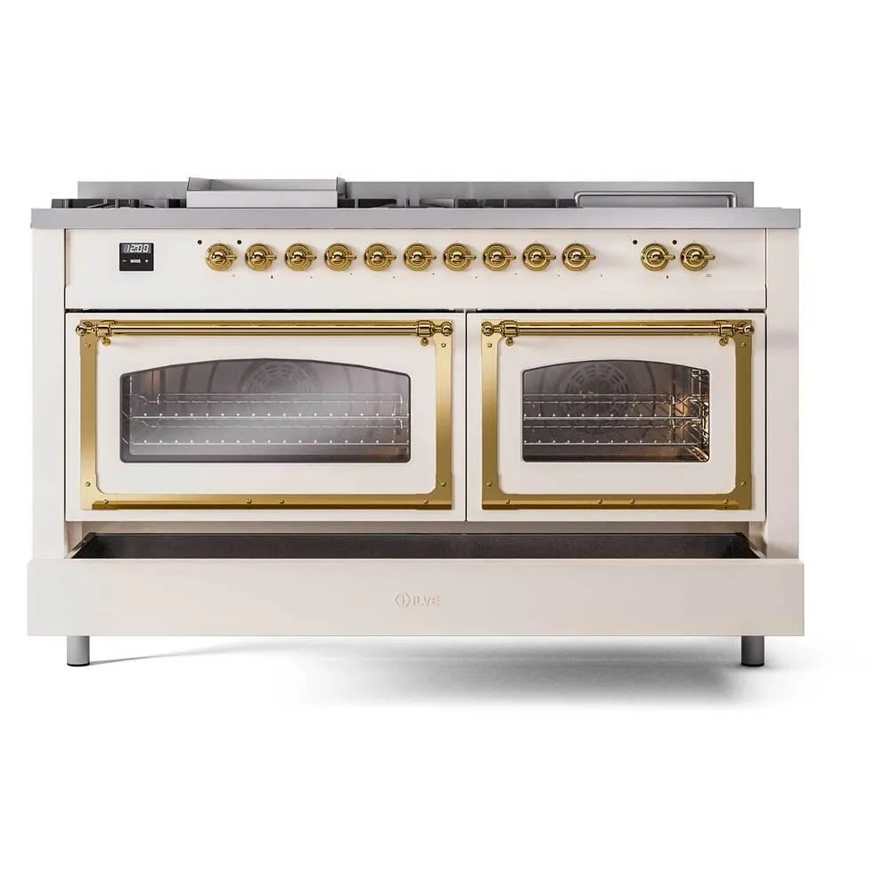 Ilve UN60FSNMPAWG Ilve Un60Fsnmpawg Nostalgie Ii Noblesse 60" Dual Fuel Range (7 Sealed Burners   Griddle   French Top, Natural Gas, Triple Glass Door, Antique White, Brass)