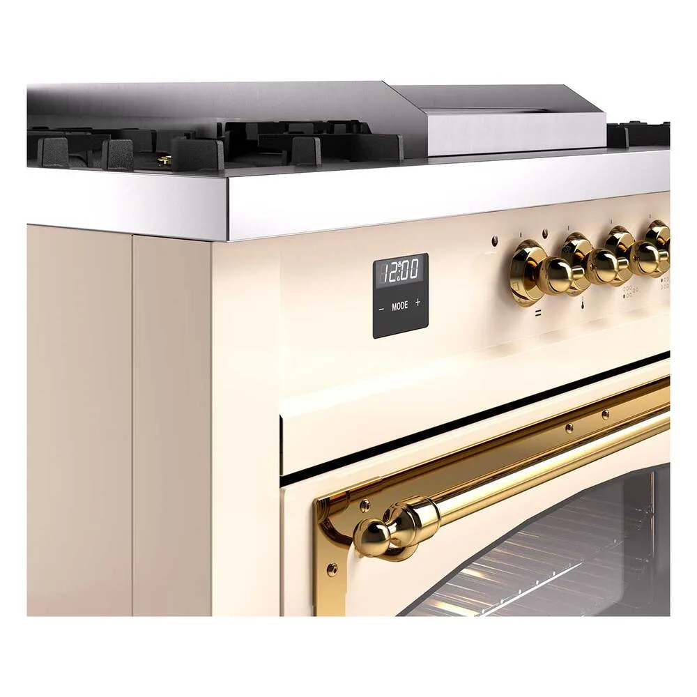 Ilve UN60FSNMPAWG Ilve Un60Fsnmpawg Nostalgie Ii Noblesse 60" Dual Fuel Range (7 Sealed Burners   Griddle   French Top, Natural Gas, Triple Glass Door, Antique White, Brass)