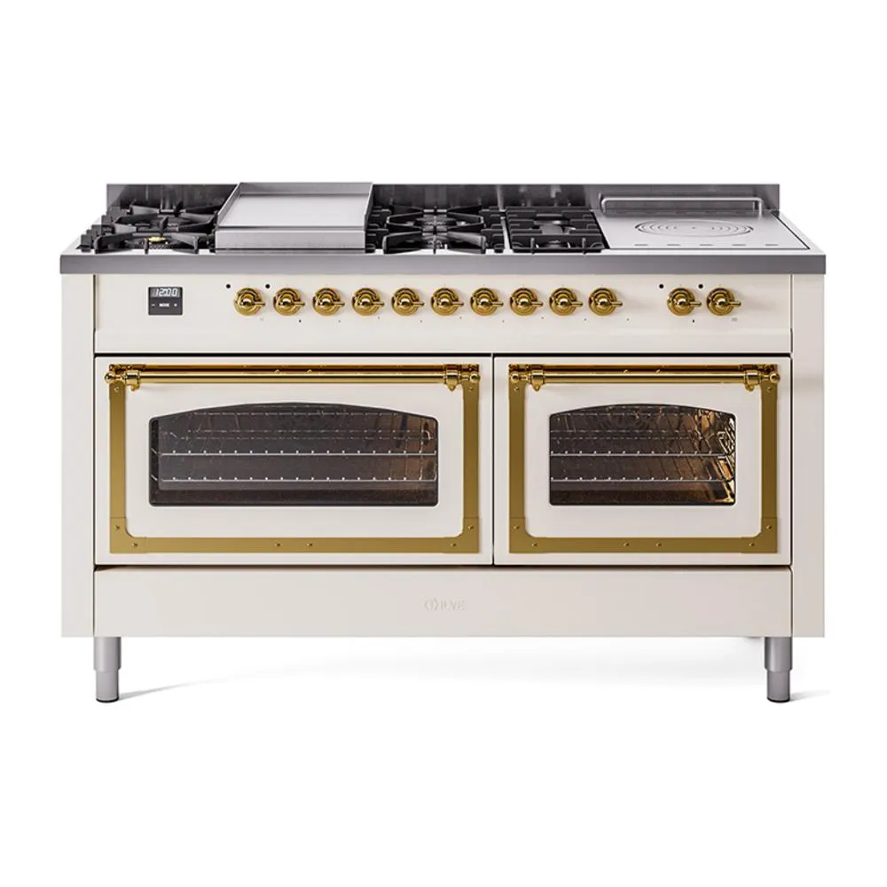 Ilve UN60FSNMPAWG Ilve Un60Fsnmpawg Nostalgie Ii Noblesse 60" Dual Fuel Range (7 Sealed Burners   Griddle   French Top, Natural Gas, Triple Glass Door, Antique White, Brass) Professional Ranges dual fuel professional range 36 inch