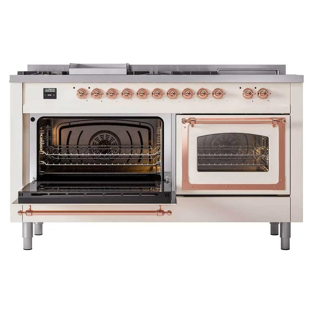 Ilve UN60FSNMPAWPLP Ilve Un60Fsnmpawplp Nostalgie Ii Noblesse 60" Dual Fuel Range (7 Sealed Burners   Griddle   French Top, Liquid Propane, Triple Glass Door, Antique White, Copper)