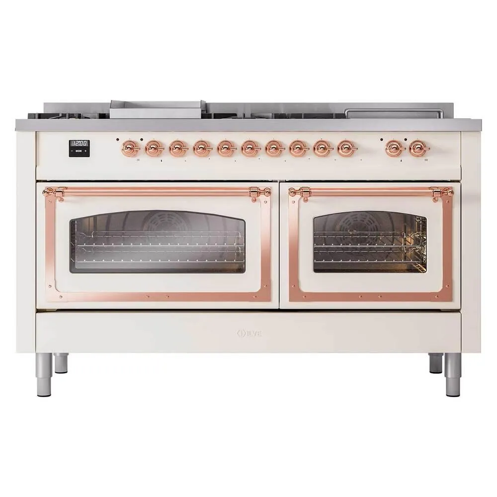 Ilve UN60FSNMPAWPLP Ilve Un60Fsnmpawplp Nostalgie Ii Noblesse 60" Dual Fuel Range (7 Sealed Burners   Griddle   French Top, Liquid Propane, Triple Glass Door, Antique White, Copper)