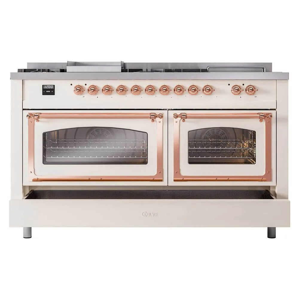 Ilve UN60FSNMPAWPLP Ilve Un60Fsnmpawplp Nostalgie Ii Noblesse 60" Dual Fuel Range (7 Sealed Burners   Griddle   French Top, Liquid Propane, Triple Glass Door, Antique White, Copper)