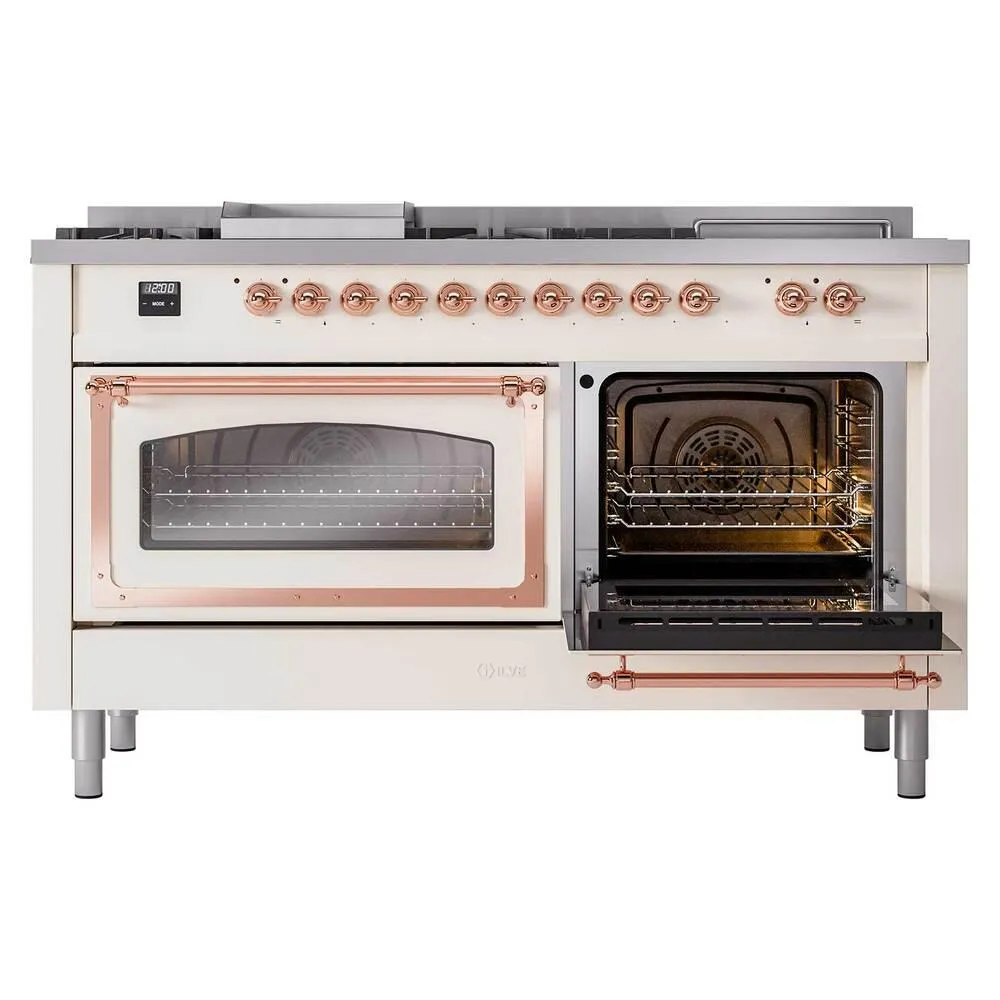 Ilve UN60FSNMPAWPLP Ilve Un60Fsnmpawplp Nostalgie Ii Noblesse 60" Dual Fuel Range (7 Sealed Burners   Griddle   French Top, Liquid Propane, Triple Glass Door, Antique White, Copper)