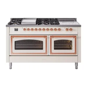 Ilve UN60FSNMPAWPLP Ilve Un60Fsnmpawplp Nostalgie Ii Noblesse 60" Dual Fuel Range (7 Sealed Burners   Griddle   French Top, Liquid Propane, Triple Glass Door, Antique White, Copper) Professional Ranges dual fuel professional range 36 inch