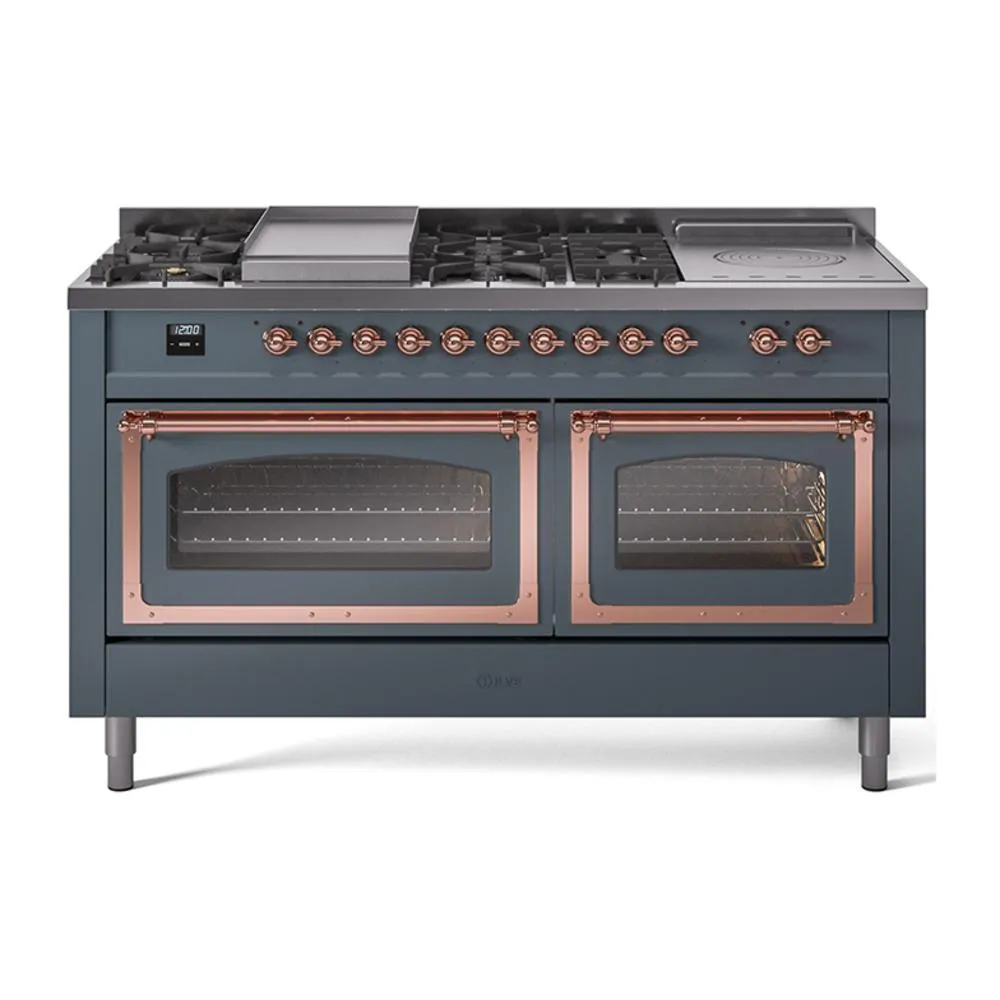 Ilve UN60FSNMPBGPLP Ilve Un60Fsnmpbgplp Nostalgie Ii Noblesse 60" Dual Fuel Range (7 Sealed Burners   Griddle   French Top, Liquid Propane, Triple Glass Door, Blue Grey, Copper) Professional Ranges dual fuel professional range 36 inch