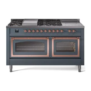 Ilve UN60FSNMPBGPLP Ilve Un60Fsnmpbgplp Nostalgie Ii Noblesse 60" Dual Fuel Range (7 Sealed Burners   Griddle   French Top, Liquid Propane, Triple Glass Door, Blue Grey, Copper) Professional Ranges dual fuel professional range 36 inch