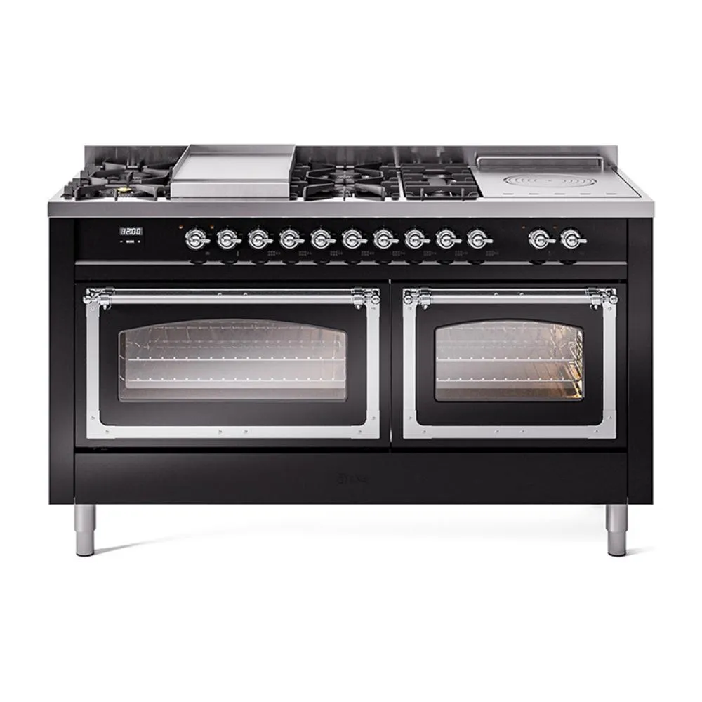 Ilve UN60FSNMPBKCLP Ilve Un60Fsnmpbkclp Nostalgie Ii Noblesse 60" Dual Fuel Range (7 Sealed Burners   Griddle   French Top, Liquid Propane, Triple Glass Door, Glossy Black, Chrome) Professional Ranges dual fuel professional range 36 inch