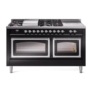 Ilve UN60FSNMPBKCLP Ilve Un60Fsnmpbkclp Nostalgie Ii Noblesse 60" Dual Fuel Range (7 Sealed Burners   Griddle   French Top, Liquid Propane, Triple Glass Door, Glossy Black, Chrome) Professional Ranges dual fuel professional range 36 inch