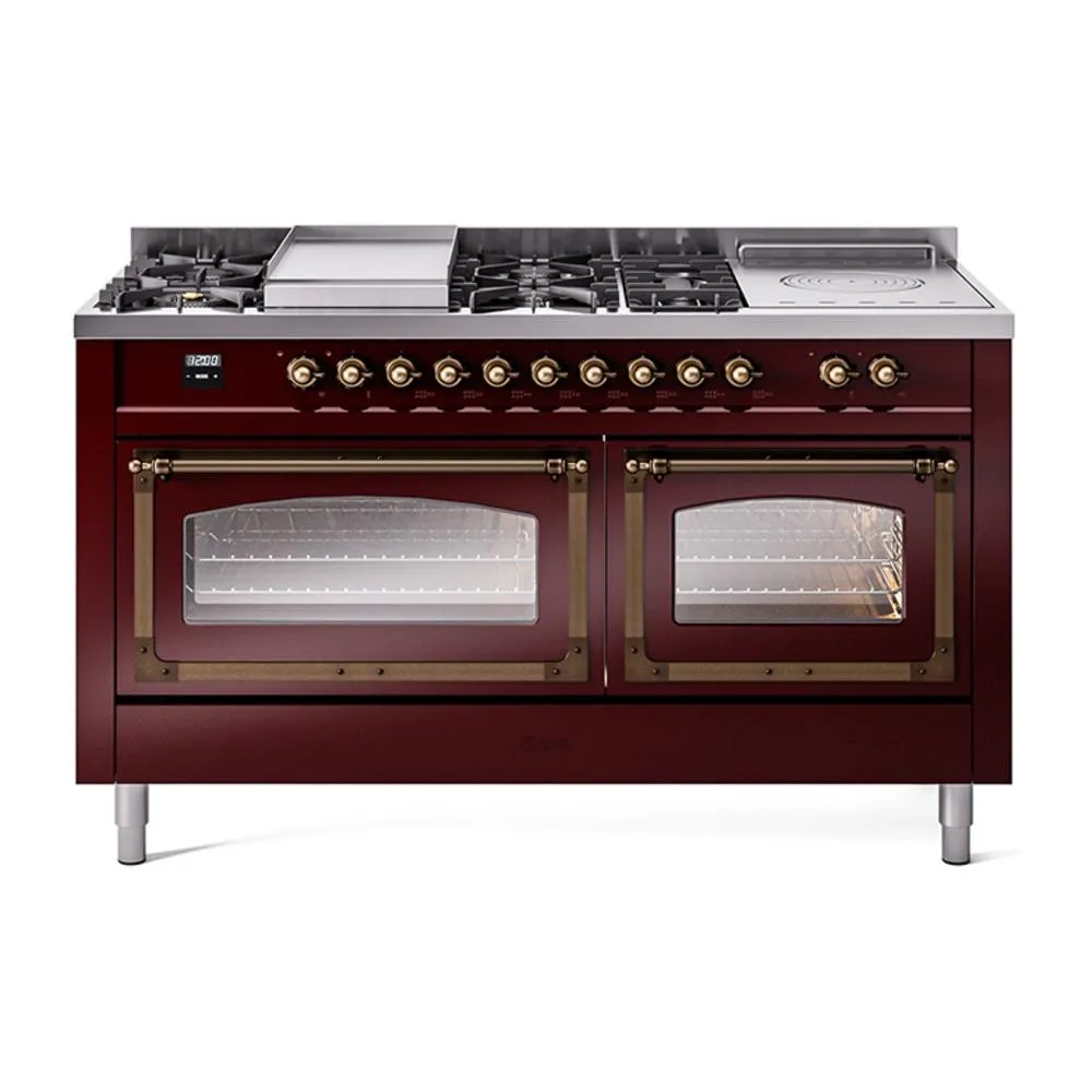 Ilve UN60FSNMPBUBLP Ilve Un60Fsnmpbublp Nostalgie Ii Noblesse 60" Dual Fuel Range (7 Sealed Burners   Griddle   French Top, Liquid Propane, Triple Glass Door, Burgundy, Burnished) Professional Ranges dual fuel professional range 36 inch