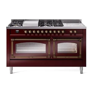 Ilve UN60FSNMPBUBLP Ilve Un60Fsnmpbublp Nostalgie Ii Noblesse 60" Dual Fuel Range (7 Sealed Burners   Griddle   French Top, Liquid Propane, Triple Glass Door, Burgundy, Burnished) Professional Ranges dual fuel professional range 36 inch