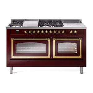 Ilve UN60FSNMPBUG Ilve Un60Fsnmpbug Nostalgie Ii Noblesse 60" Dual Fuel Range (7 Sealed Burners   Griddle   French Top, Natural Gas, Triple Glass Door, Burgundy, Brass) Professional Ranges dual fuel professional range 36 inch
