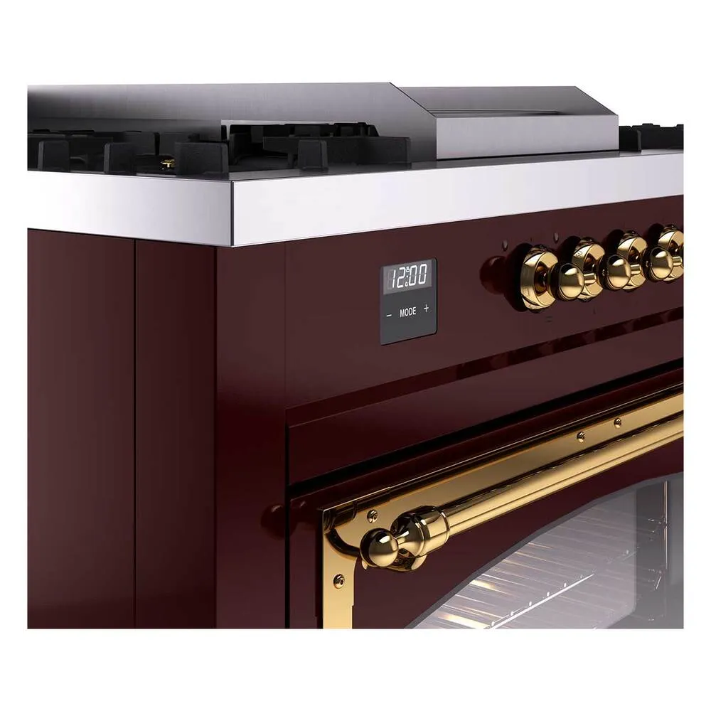 Ilve UN60FSNMPBUGLP Ilve Un60Fsnmpbuglp Nostalgie Ii Noblesse 60" Dual Fuel Range (7 Sealed Burners   Griddle   French Top, Liquid Propane, Triple Glass Door, Burgundy, Brass)