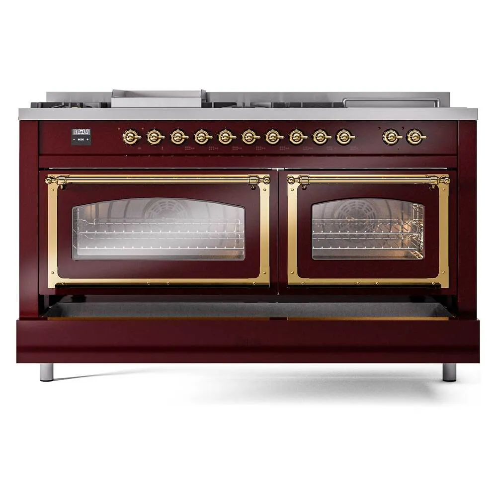 Ilve UN60FSNMPBUGLP Ilve Un60Fsnmpbuglp Nostalgie Ii Noblesse 60" Dual Fuel Range (7 Sealed Burners   Griddle   French Top, Liquid Propane, Triple Glass Door, Burgundy, Brass)