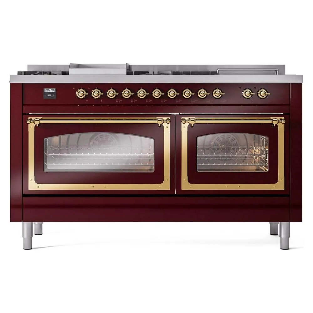 Ilve UN60FSNMPBUGLP Ilve Un60Fsnmpbuglp Nostalgie Ii Noblesse 60" Dual Fuel Range (7 Sealed Burners   Griddle   French Top, Liquid Propane, Triple Glass Door, Burgundy, Brass)