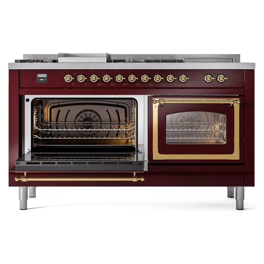 Ilve UN60FSNMPBUGLP Ilve Un60Fsnmpbuglp Nostalgie Ii Noblesse 60" Dual Fuel Range (7 Sealed Burners   Griddle   French Top, Liquid Propane, Triple Glass Door, Burgundy, Brass)