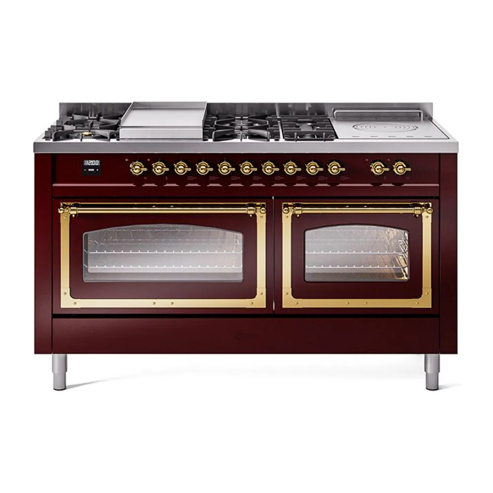 Ilve UN60FSNMPBUGLP Ilve Un60Fsnmpbuglp Nostalgie Ii Noblesse 60" Dual Fuel Range (7 Sealed Burners   Griddle   French Top, Liquid Propane, Triple Glass Door, Burgundy, Brass) Professional Ranges dual fuel professional range 36 inch
