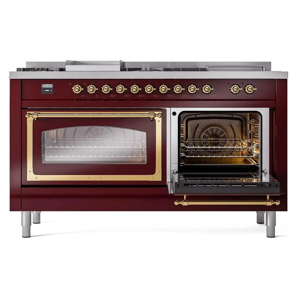 Ilve UN60FSNMPBUGLP Ilve Un60Fsnmpbuglp Nostalgie Ii Noblesse 60" Dual Fuel Range (7 Sealed Burners   Griddle   French Top, Liquid Propane, Triple Glass Door, Burgundy, Brass)