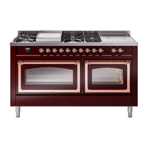 Ilve UN60FSNMPBUPLP Ilve Un60Fsnmpbuplp Nostalgie Ii Noblesse 60" Dual Fuel Range (7 Sealed Burners   Griddle   French Top, Liquid Propane, Triple Glass Door, Burgundy, Copper) Professional Ranges dual fuel professional range 36 inch
