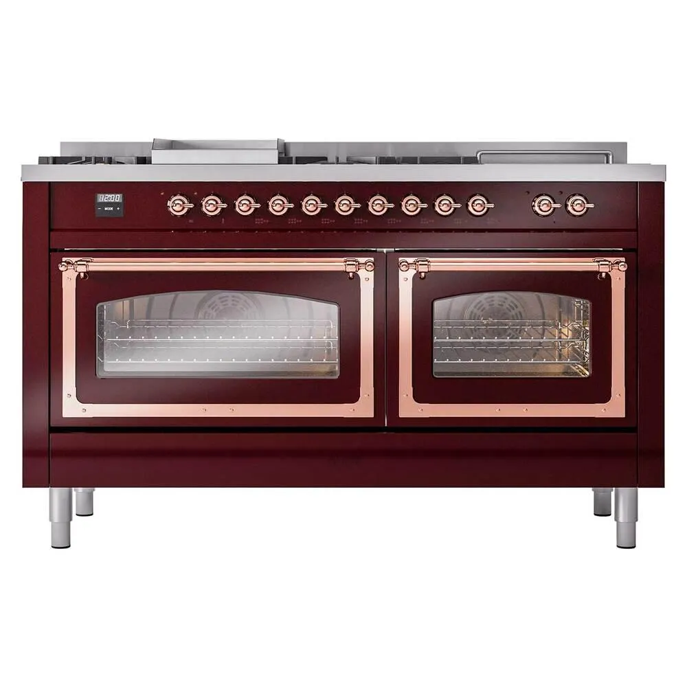 Ilve UN60FSNMPBUPLP Ilve Un60Fsnmpbuplp Nostalgie Ii Noblesse 60" Dual Fuel Range (7 Sealed Burners   Griddle   French Top, Liquid Propane, Triple Glass Door, Burgundy, Copper)