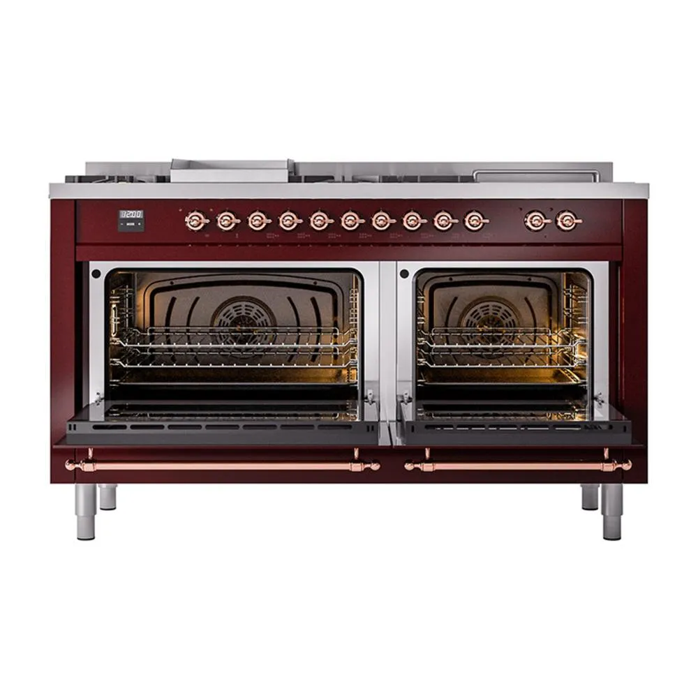 Ilve UN60FSNMPBUPLP Ilve Un60Fsnmpbuplp Nostalgie Ii Noblesse 60" Dual Fuel Range (7 Sealed Burners   Griddle   French Top, Liquid Propane, Triple Glass Door, Burgundy, Copper)