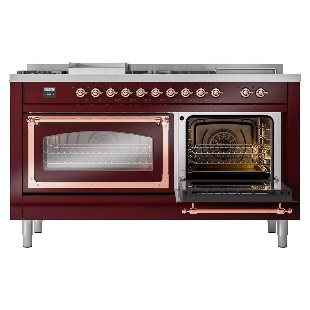 Ilve UN60FSNMPBUPLP Ilve Un60Fsnmpbuplp Nostalgie Ii Noblesse 60" Dual Fuel Range (7 Sealed Burners   Griddle   French Top, Liquid Propane, Triple Glass Door, Burgundy, Copper)