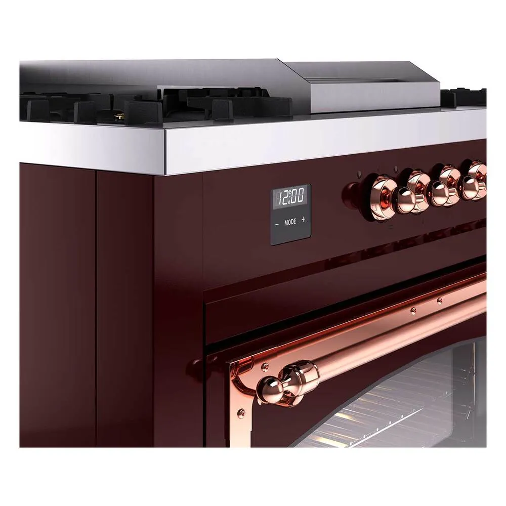 Ilve UN60FSNMPBUPLP Ilve Un60Fsnmpbuplp Nostalgie Ii Noblesse 60" Dual Fuel Range (7 Sealed Burners   Griddle   French Top, Liquid Propane, Triple Glass Door, Burgundy, Copper)
