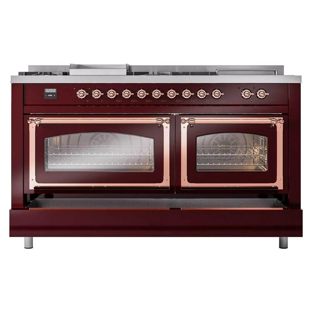 Ilve UN60FSNMPBUPLP Ilve Un60Fsnmpbuplp Nostalgie Ii Noblesse 60" Dual Fuel Range (7 Sealed Burners   Griddle   French Top, Liquid Propane, Triple Glass Door, Burgundy, Copper)