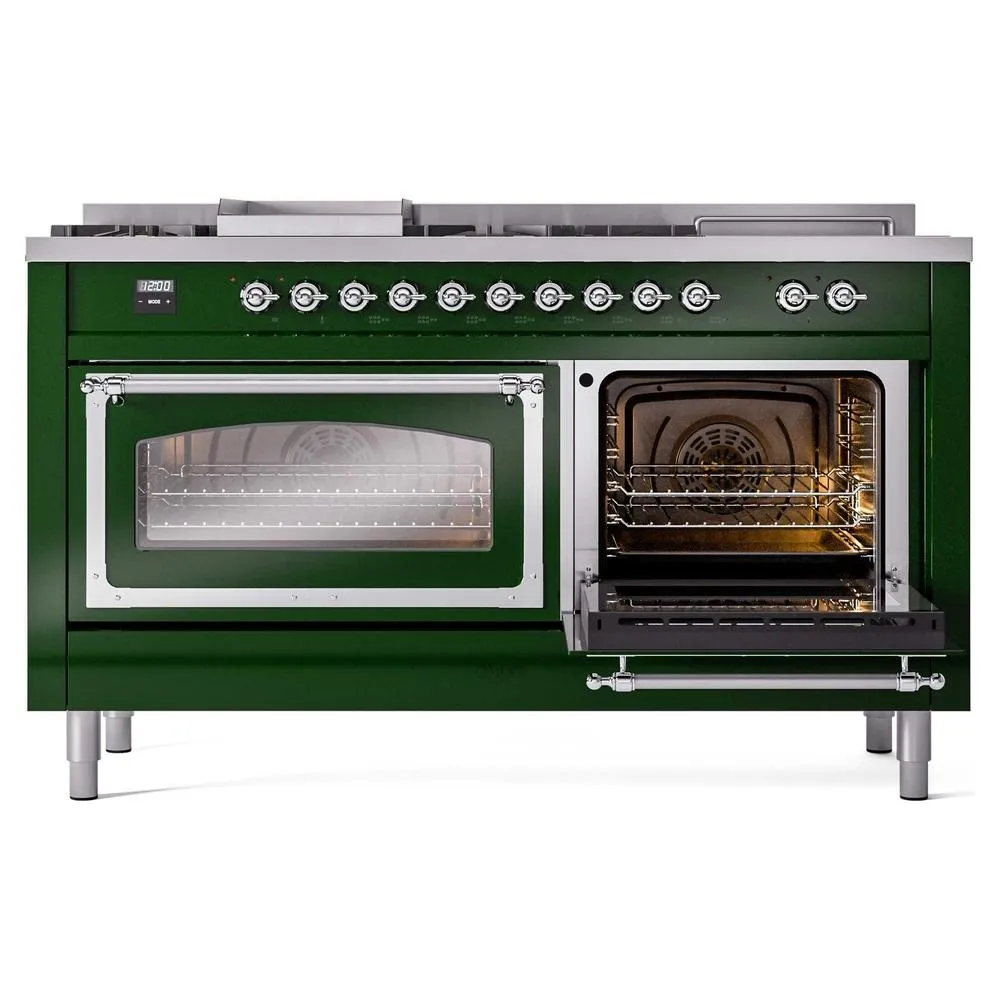 Ilve UN60FSNMPEGC Ilve Un60Fsnmpegc Nostalgie Ii Noblesse 60" Dual Fuel Range (7 Sealed Burners   Griddle   French Top, Natural Gas, Triple Glass Door, Emerald Green, Chrome)