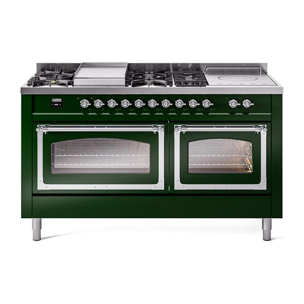 Ilve UN60FSNMPEGC Ilve Un60Fsnmpegc Nostalgie Ii Noblesse 60" Dual Fuel Range (7 Sealed Burners   Griddle   French Top, Natural Gas, Triple Glass Door, Emerald Green, Chrome) Professional Ranges dual fuel professional range 36 inch