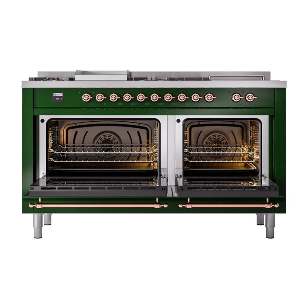 Ilve UN60FSNMPEGPLP Ilve Un60Fsnmpegplp Nostalgie Ii Noblesse 60" Dual Fuel Range (7 Sealed Burners   Griddle   French Top, Liquid Propane, Triple Glass Door, Emerald Green, Copper)