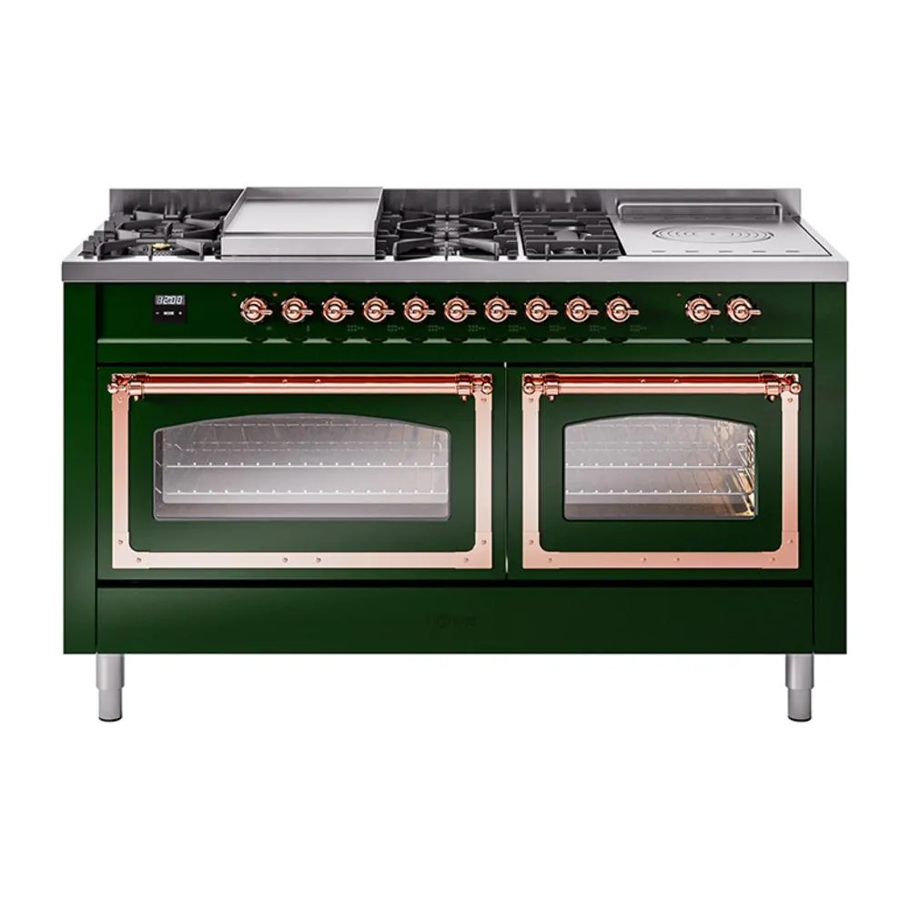 Ilve UN60FSNMPEGPLP Ilve Un60Fsnmpegplp Nostalgie Ii Noblesse 60" Dual Fuel Range (7 Sealed Burners   Griddle   French Top, Liquid Propane, Triple Glass Door, Emerald Green, Copper) Professional Ranges dual fuel professional range 36 inch