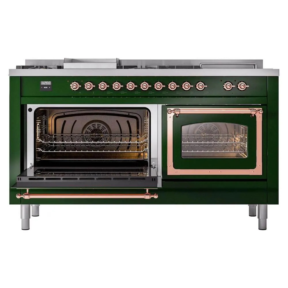 Ilve UN60FSNMPEGPLP Ilve Un60Fsnmpegplp Nostalgie Ii Noblesse 60" Dual Fuel Range (7 Sealed Burners   Griddle   French Top, Liquid Propane, Triple Glass Door, Emerald Green, Copper)