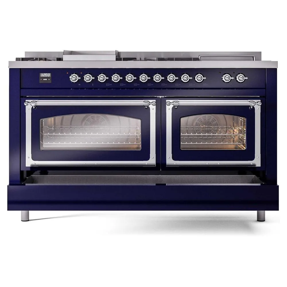 Ilve UN60FSNMPMBC Ilve Un60Fsnmpmbc Nostalgie Ii Noblesse 60" Dual Fuel Range (7 Sealed Burners   Griddle   French Top, Natural Gas, Triple Glass Door, Midnight Blue, Chrome)