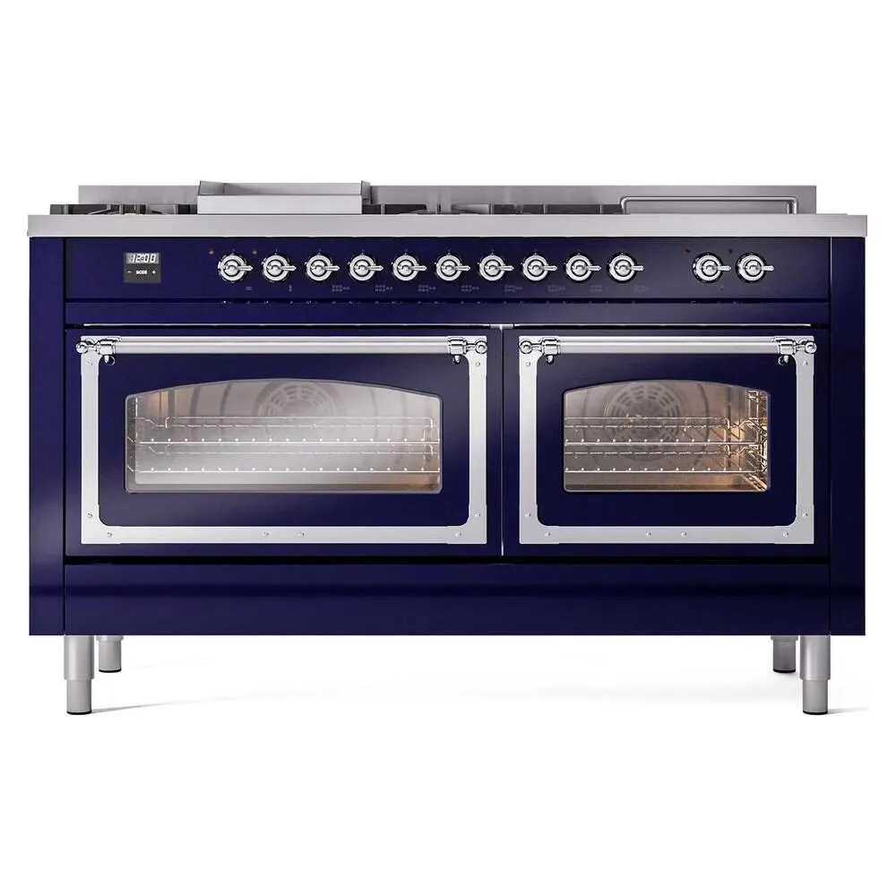 Ilve UN60FSNMPMBCLP Ilve Un60Fsnmpmbclp Nostalgie Ii Noblesse 60" Dual Fuel Range (7 Sealed Burners   Griddle   French Top, Liquid Propane, Triple Glass Door, Midnight Blue, Chrome)