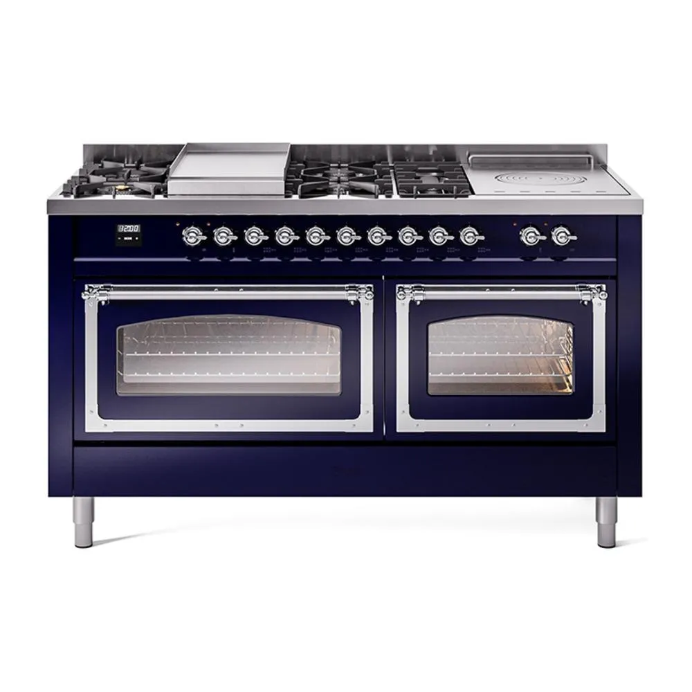 Ilve UN60FSNMPMBCLP Ilve Un60Fsnmpmbclp Nostalgie Ii Noblesse 60" Dual Fuel Range (7 Sealed Burners   Griddle   French Top, Liquid Propane, Triple Glass Door, Midnight Blue, Chrome) Professional Ranges dual fuel professional range 36 inch