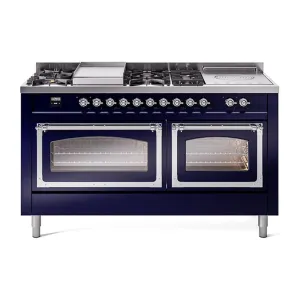 Ilve UN60FSNMPMBCLP Ilve Un60Fsnmpmbclp Nostalgie Ii Noblesse 60" Dual Fuel Range (7 Sealed Burners   Griddle   French Top, Liquid Propane, Triple Glass Door, Midnight Blue, Chrome) Professional Ranges dual fuel professional range 36 inch