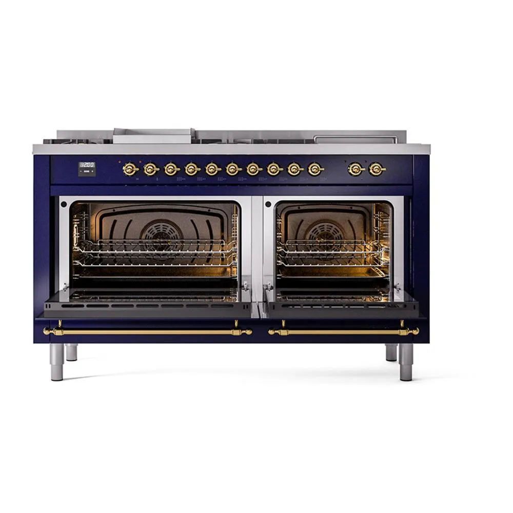 Ilve UN60FSNMPMBG Ilve Un60Fsnmpmbg Nostalgie Ii Noblesse 60" Dual Fuel Range (7 Sealed Burners   Griddle   French Top, Natural Gas, Triple Glass Door, Midnight Blue, Brass)