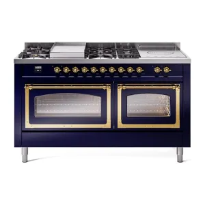 Ilve UN60FSNMPMBGLP Ilve Un60Fsnmpmbglp Nostalgie Ii Noblesse 60" Dual Fuel Range (7 Sealed Burners   Griddle   French Top, Liquid Propane, Triple Glass Door, Midnight Blue, Brass) Professional Ranges dual fuel professional range 36 inch