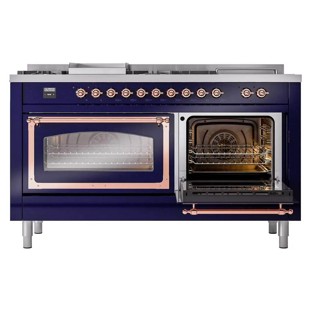 Ilve UN60FSNMPMBPLP Ilve Un60Fsnmpmbplp Nostalgie Ii Noblesse 60" Dual Fuel Range (7 Sealed Burners   Griddle   French Top, Liquid Propane, Triple Glass Door, Midnight Blue, Copper)