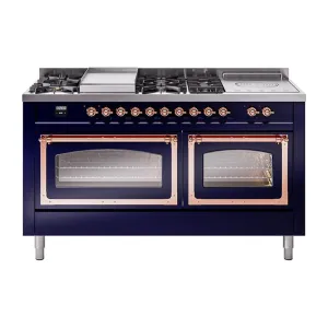 Ilve UN60FSNMPMBPLP Ilve Un60Fsnmpmbplp Nostalgie Ii Noblesse 60" Dual Fuel Range (7 Sealed Burners   Griddle   French Top, Liquid Propane, Triple Glass Door, Midnight Blue, Copper) Professional Ranges dual fuel professional range 36 inch